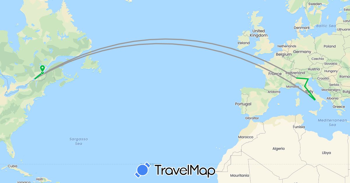 TravelMap itinerary: driving, bus, plane in Canada, Italy, Vatican City (Europe, North America)